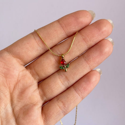 Tulip Pendant Necklace for Women – 18K Gold Plated Anti-Tarnish Floral Necklace with Red & Green Gemstones