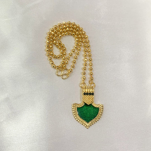 Elegant gold-plated ball chain necklace with Palakka shield pendant – traditional South Indian jewelry for festive wear
