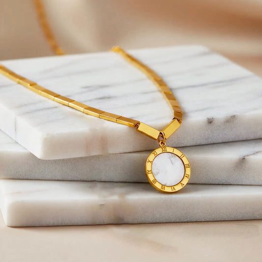 18K Gold Plated Mother of Pearl & Roman Numeral Pendant Necklace - Dainty Cube Chain