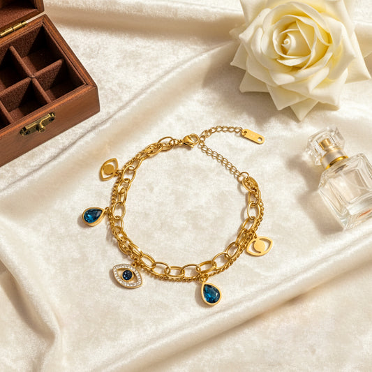 18K Gold Plated Evil Eye & Blue Crystal Charm Bracelet