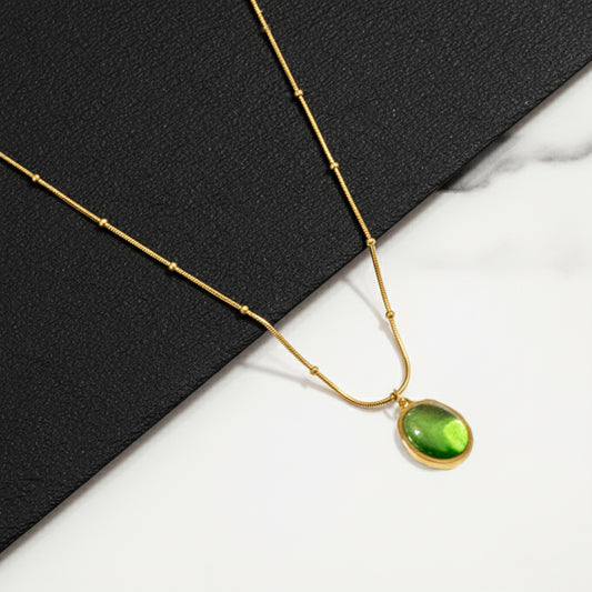 18K Gold Plated Green Oval Pendant Necklace for Women | Minimal Elegant Chain by Zytoon