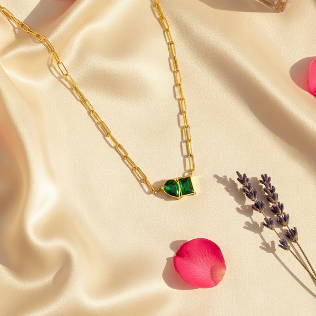 18K Gold Plated Green Stone Link Chain Necklace