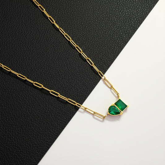 18K Gold Plated Green Stone Link Chain Necklace