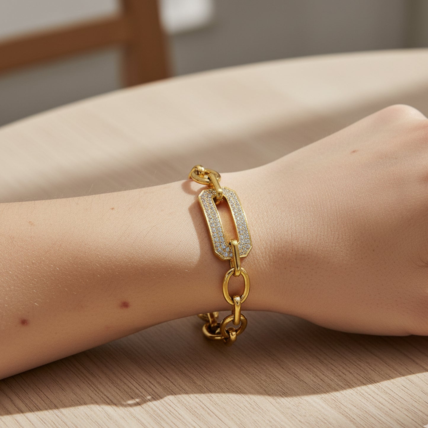 18K Gold Plated Oval Link Bracelet with Crystal Rectangle Charm