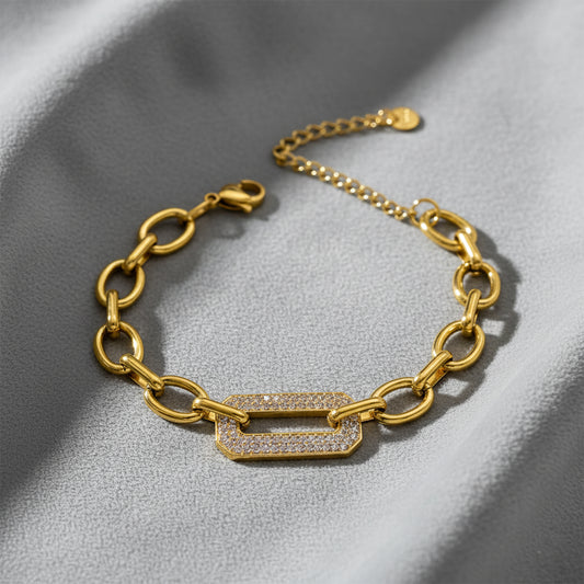 18K Gold Plated Oval Link Bracelet with Crystal Rectangle Charm