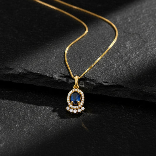 22K Gold Plated Blue Stone Pendant Necklace for Women | CZ Studded Oval Pendant | Elegant Minimal Jewellery