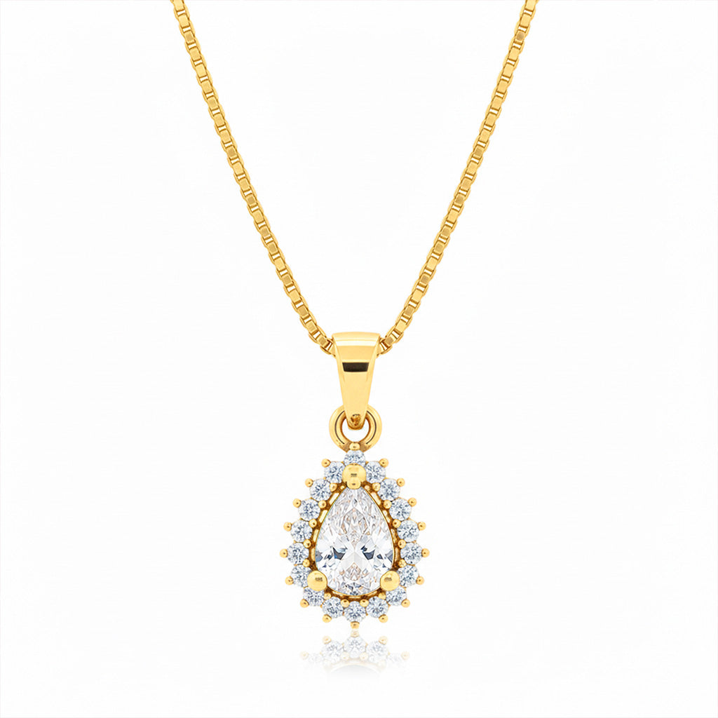 22K Gold Plated AD Teardrop Halo Pendant Necklace