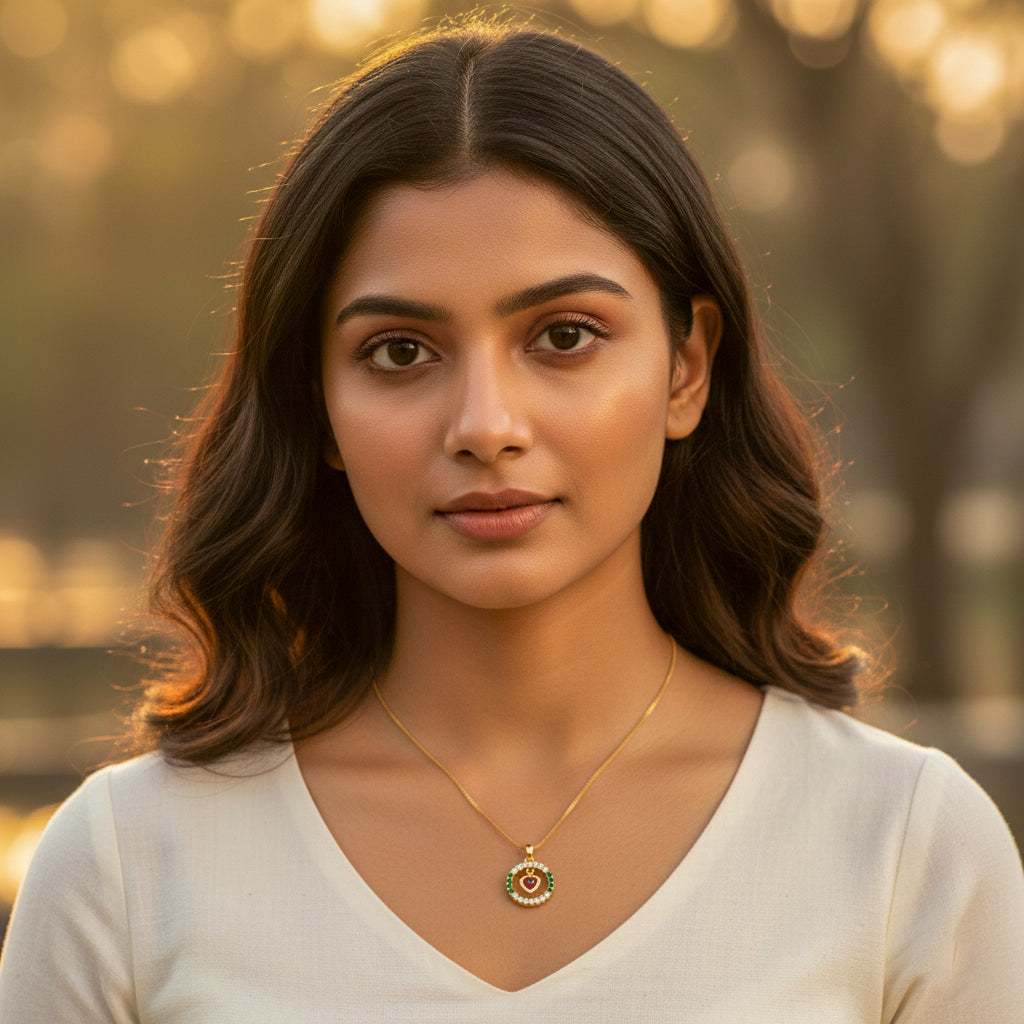 22K Gold Plated Ruby Heart Circle Pendant Necklace