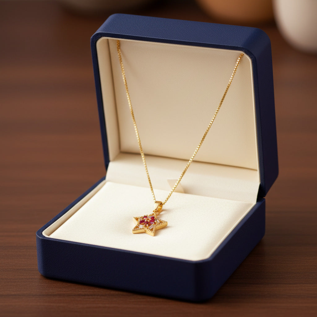 22K Gold Plated Star Pendant Necklace with Ruby Stones