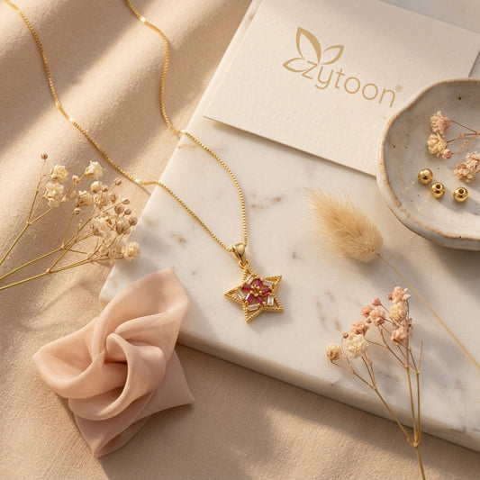 22K Gold Plated Star Pendant Necklace with Ruby Stones