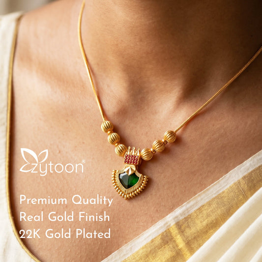 22K Gold Plated Palakka Green Stone Pendant Necklace | Traditional Jewellery