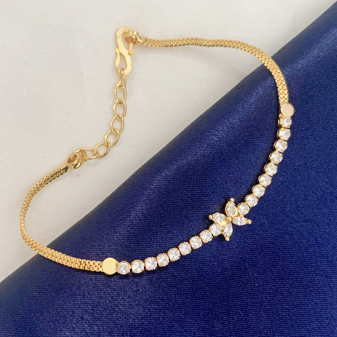 Elegant Gold-Plated American Diamond Floral Chain Bracelet