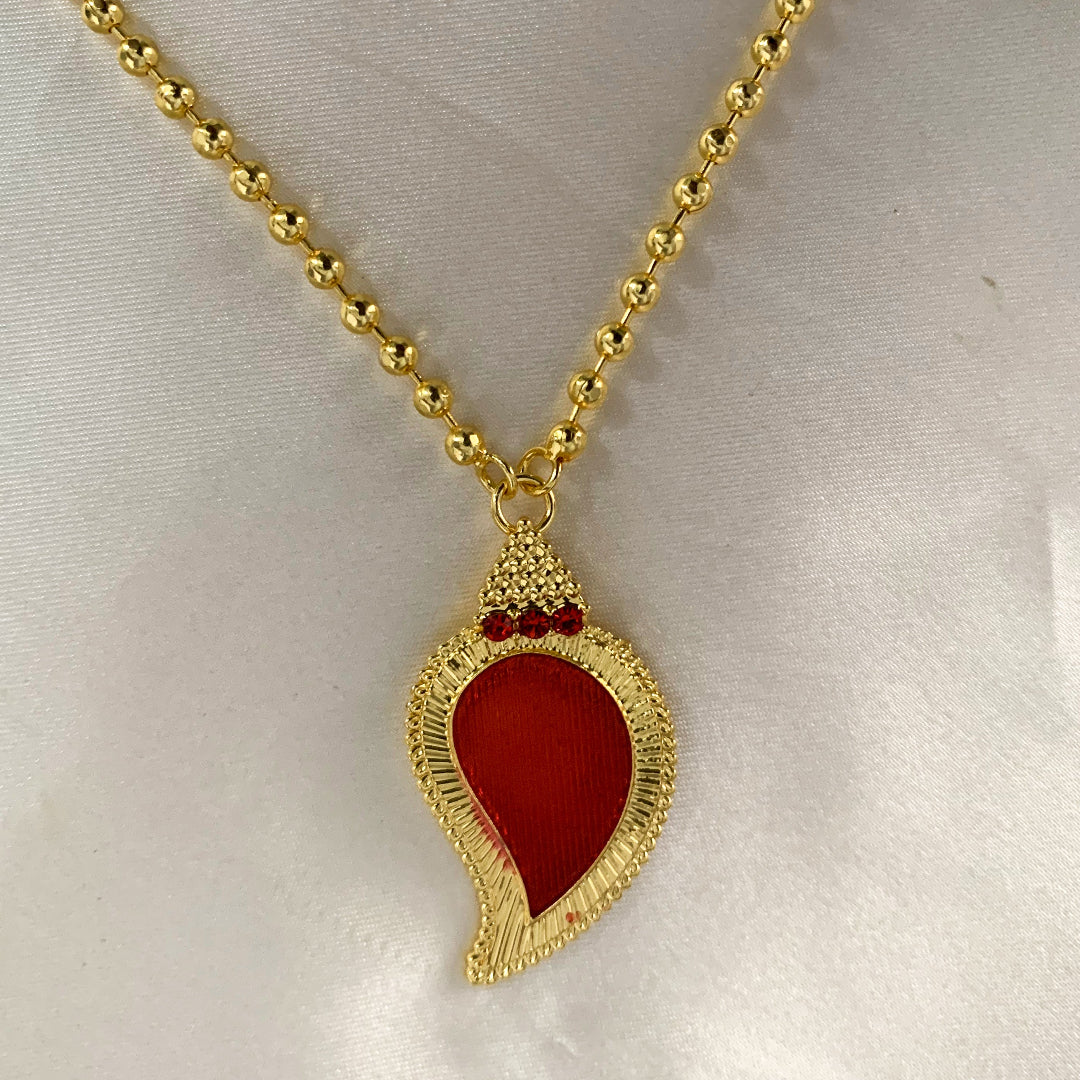Elegant gold-toned ball chain necklace with red Manga Palakka pendant – traditional South Indian jewelry for women