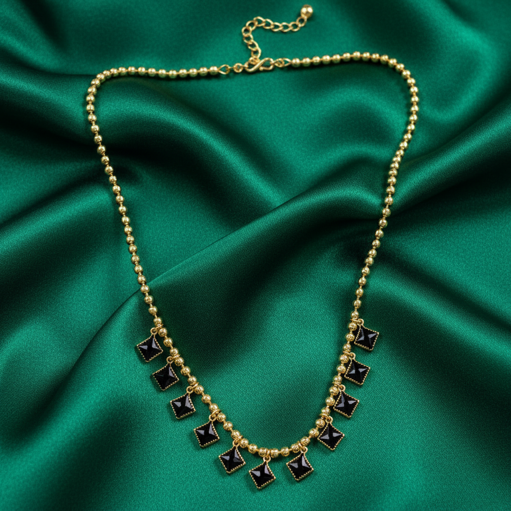 Gold-Plated Beaded Necklace with Black Square Charms for Girls