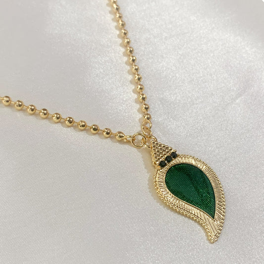 Gold-toned ball chain necklace featuring a leaf-shaped Manga Palakka pendant – perfect for festive and ethnic wear