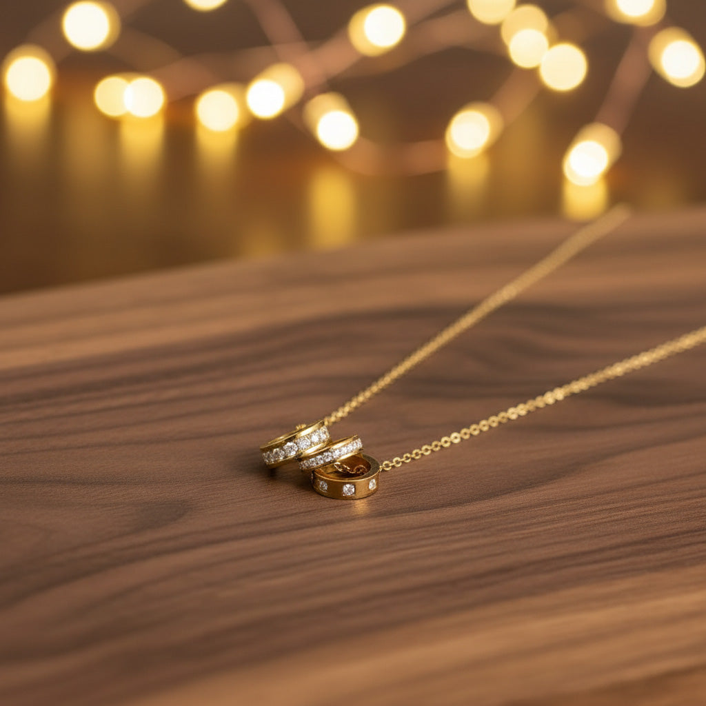 18K Gold Plated Triple Interlocking Ring Pendant Necklace for Women | Crystal Elegant Statement Jewellery