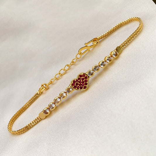 Gold-Plated AD Stone Adjustable Chain Bracelet with Ruby Heart Design