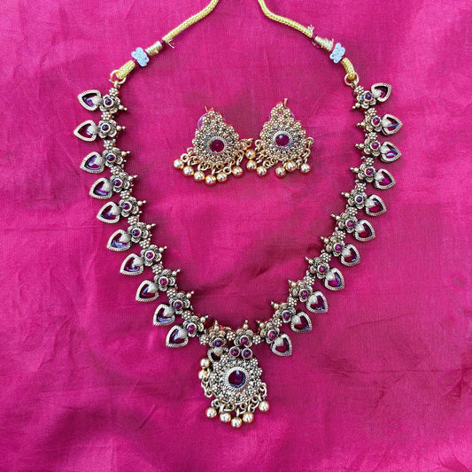 Antique Gold-Plated Kemp Palakka Necklace Set with Ruby Stones & Earrings – Traditional Temple Jewelry