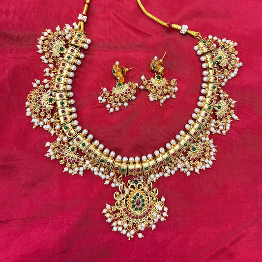 Antique Gold Plated Kemp Temple Necklace with Pearl Drops & Earrings