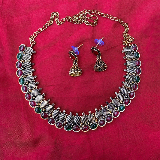 Antique Gold Plated Red & Green Stone Choker Necklace with Jhumka Earrings