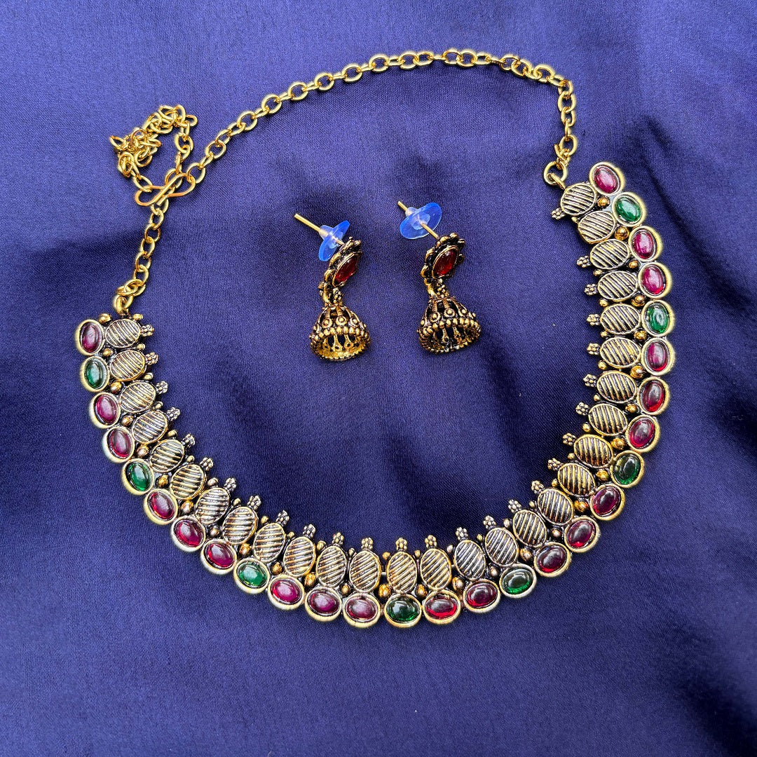 Antique Gold Plated Red & Green Stone Choker Necklace with Jhumka Earrings