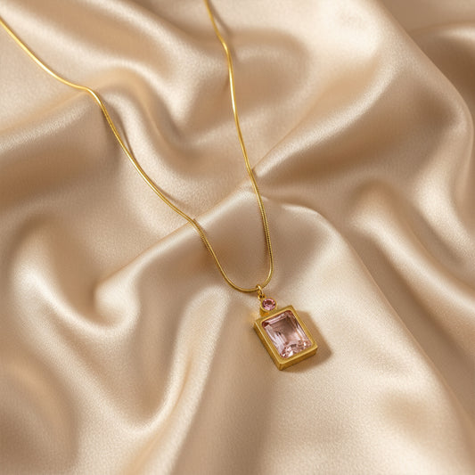Pink Stone Rectangular Pendant Necklace – 18K Gold Plated Elegance