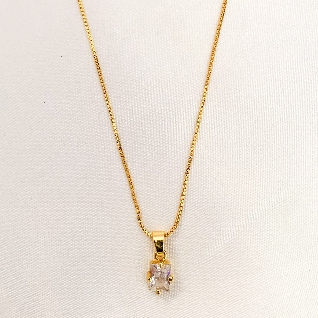 Gold-Plated Box Chain Necklace with Rectangle CZ Pendant | Minimal Everyday Jewellery for Women & Girls