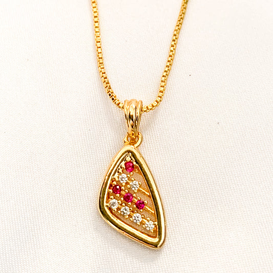 Gold-Plated Necklace with Triangular Red & White Stone Pendant