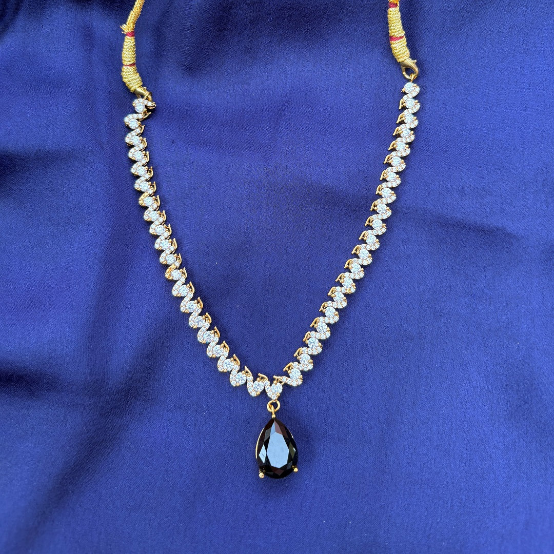 Gold-Plated CZ Necklace Set with Black Teardrop Pendant & Earrings