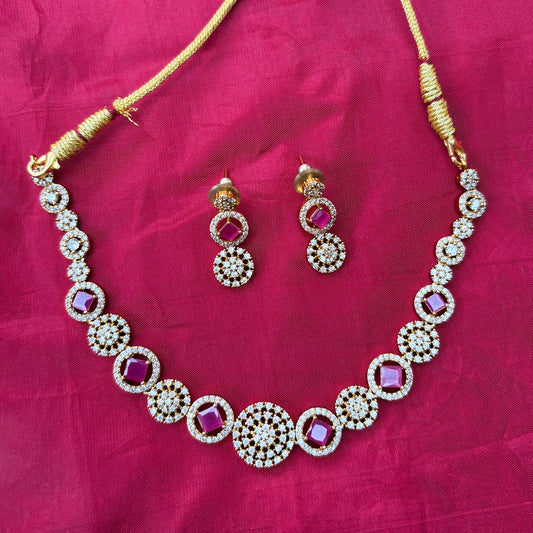 Gold-Plated CZ Necklace Set with Ruby Pink Stones & Earrings