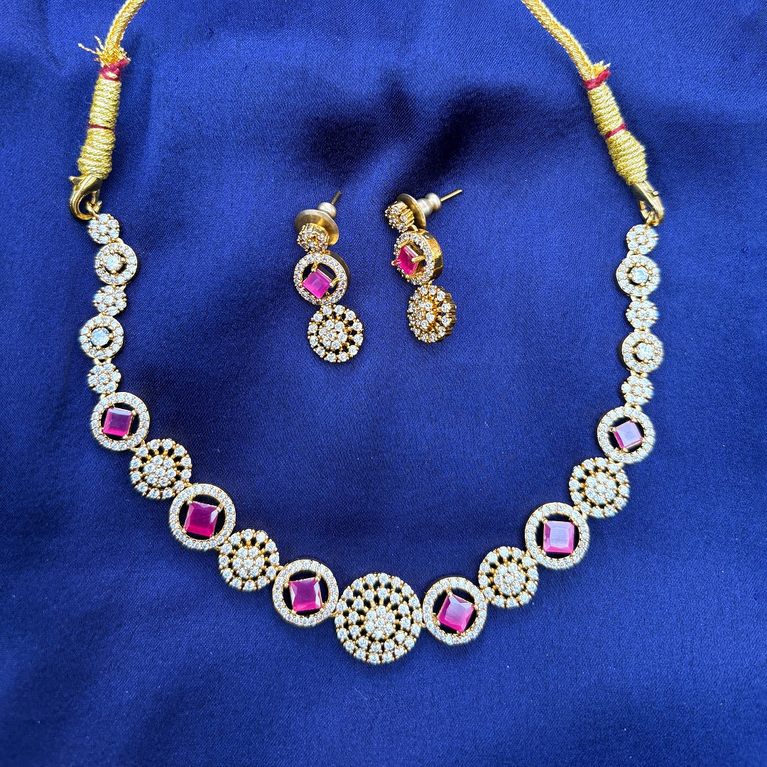 Gold-Plated CZ Necklace Set with Ruby Pink Stones & Earrings