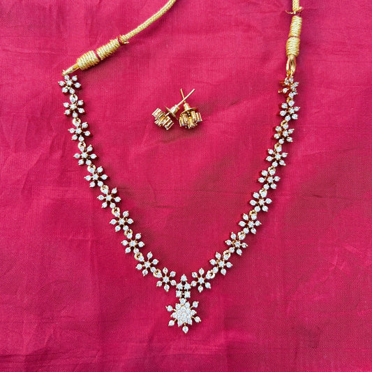 Gold Plated Floral CZ Stone Necklace Set with Star Pendant & Earrings