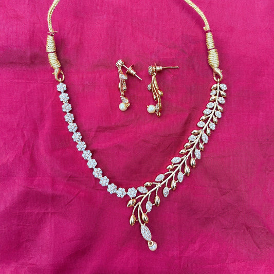 Gold Plated Floral Leaf Design Necklace with CZ Stones & Pearl Drops
