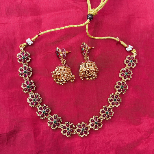 Gold-Plated Floral Necklace Set with Ruby & Green Stones and Jhumka Earrings