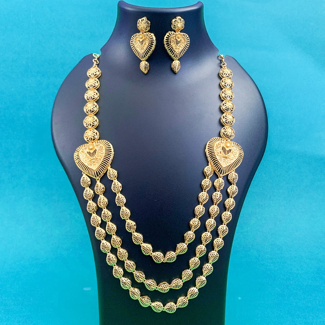 Gold Plated Heart Design Triple Layer Necklace Set with Earrings | Traditional Wedding & Festive Jewellery for Women