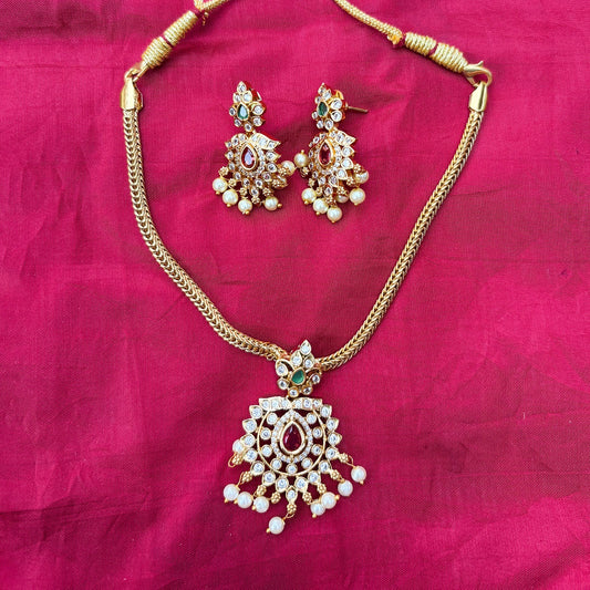 Gold Plated Ruby & CZ Stone Pendant Necklace with Pearl Drops & Earrings