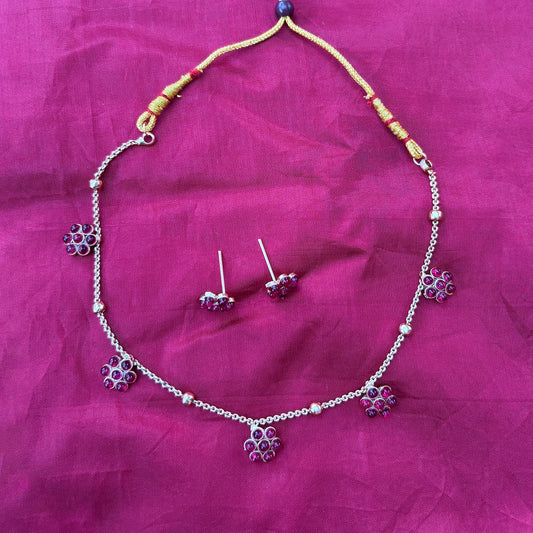 Antique Gold Plated Ruby Floral Charm Necklace with Matching Stud Earrings