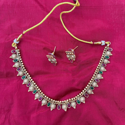 Gold-Plated Temple Necklace with Green & Ruby Stones + Earrings