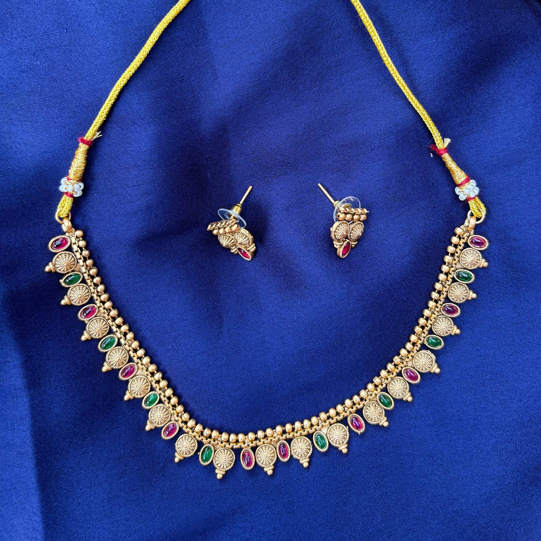 Gold-Plated Temple Necklace with Green & Ruby Stones + Earrings