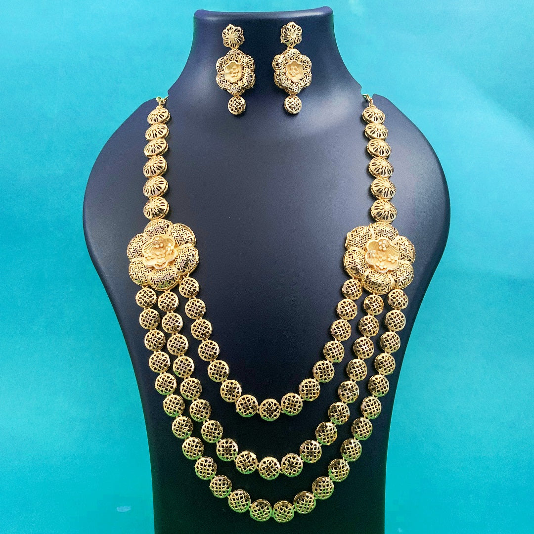 Gold Plated Triple Layer Traditional Necklace Set with Earrings | Bridal & Festive Jewellery for Women & Girls