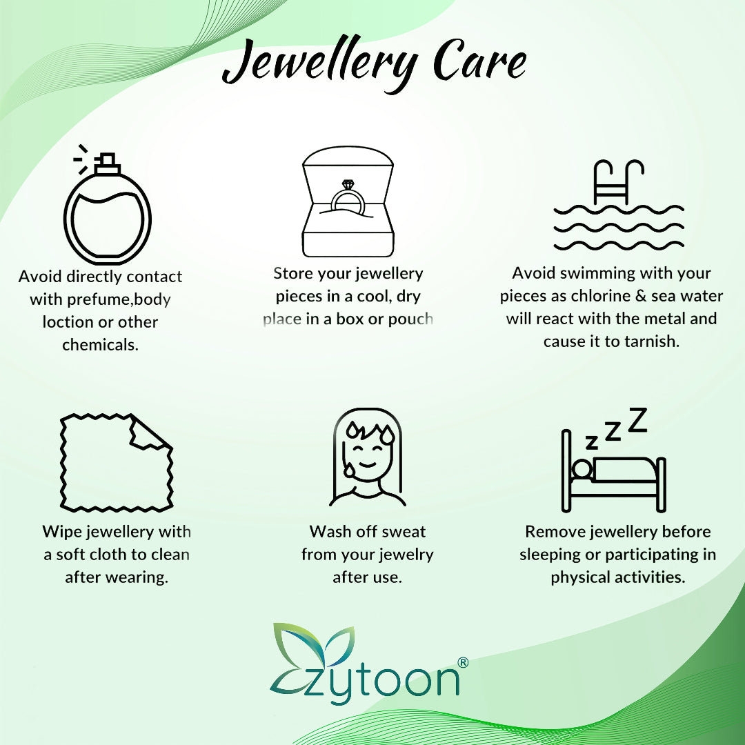 Jewellery care instructions with icons and text on a green background, featuring the Zytoon brand.
