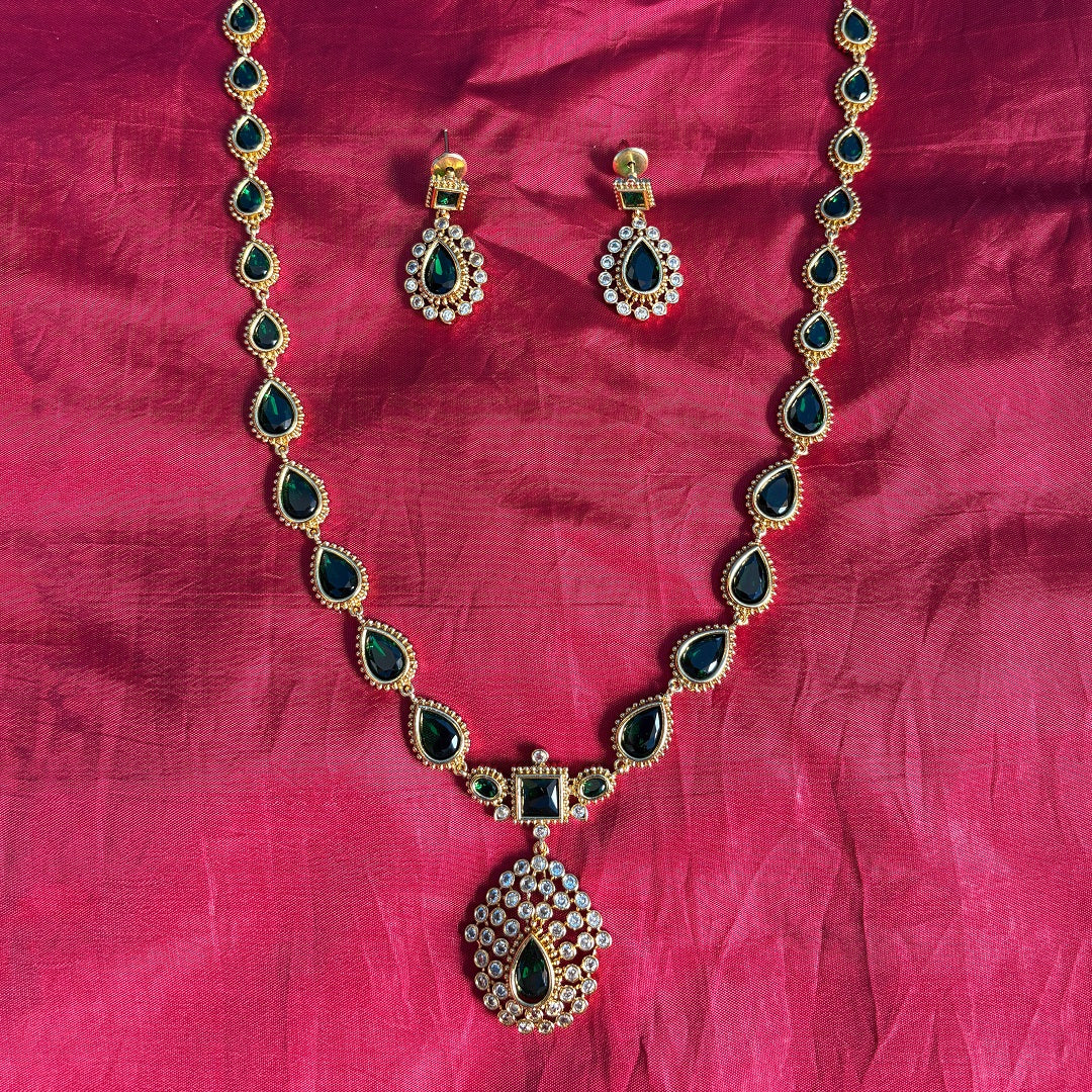 Jyothika Emerald Gold-Plated Long Necklace Set with Green Stones & Earrings