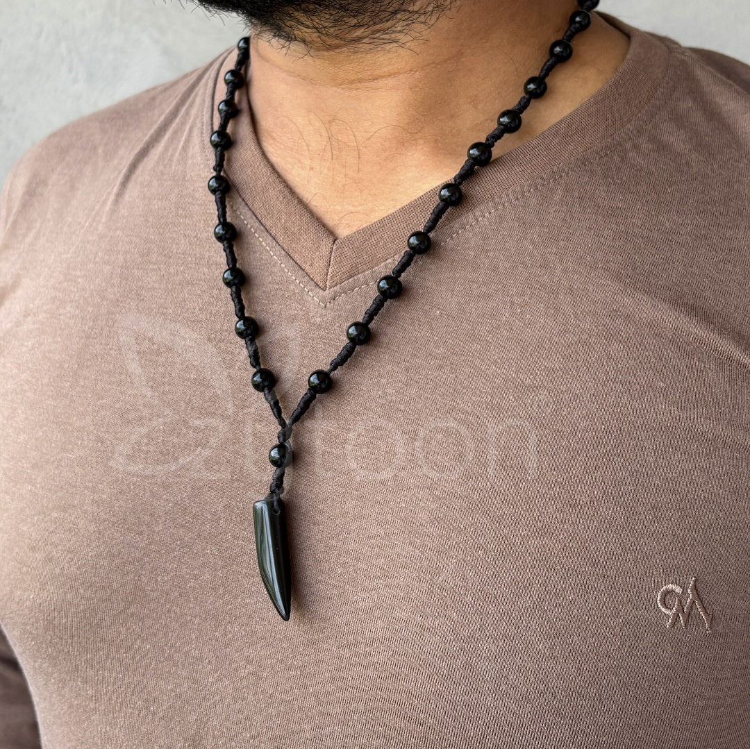 Men’s Black Beaded Necklace with Black Fang Pendant | Tribal & Stylish
