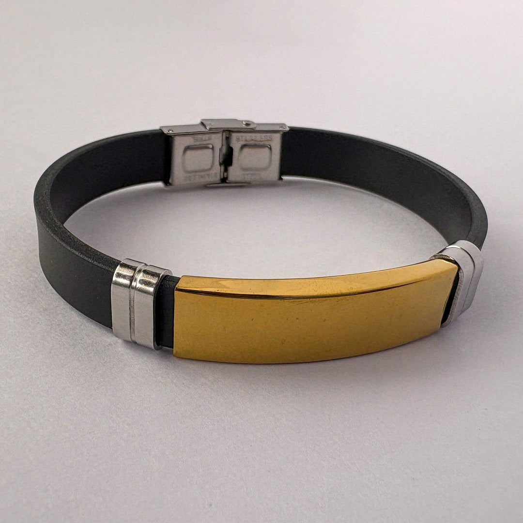 Men’s Black Strap Bracelet with Gold Plate – Stainless Steel Modern Design