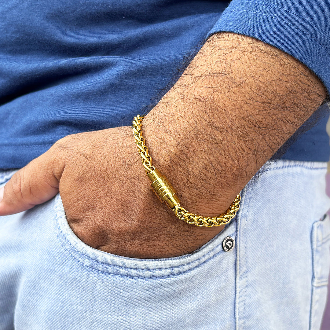 Men's Gold-Plated Wheat Chain Bracelet with Magnetic Clasp – Stylish Daily Wear