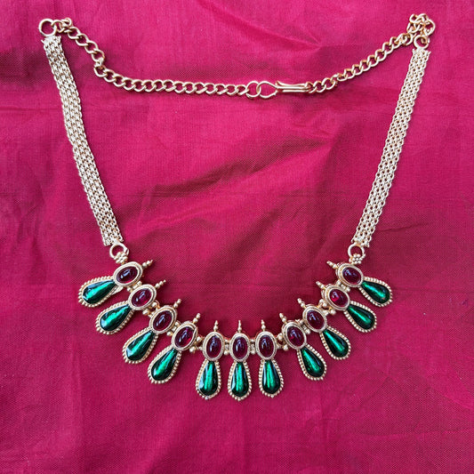 Modern Palakka Gold-Plated Necklace with Green & Ruby Stones