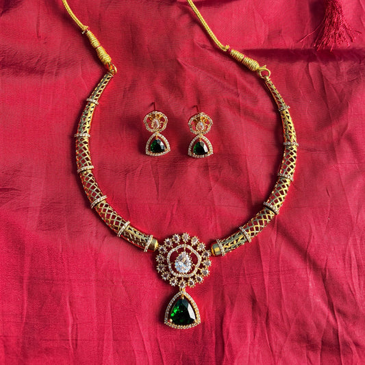 Gold-Plated Temple Necklace Set with Green Stone & Earrings
