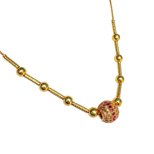 Elegant Gold Plated Beaded Chain Necklace with Red AD Stone Embellished Ball Pendant
