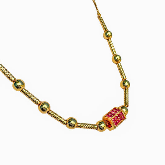 Gold-Plated Beaded Chain Necklace with Rectangular Red Stone Pendant