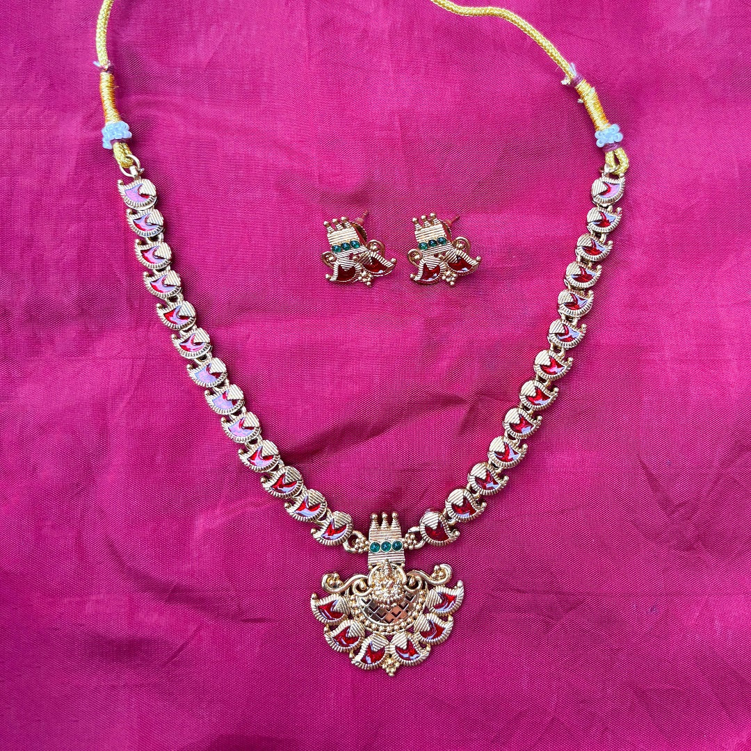 Traditional Gold-Plated Kemp Mango Mala with Red Stones & Lakshmi Pendant – Earrings Included